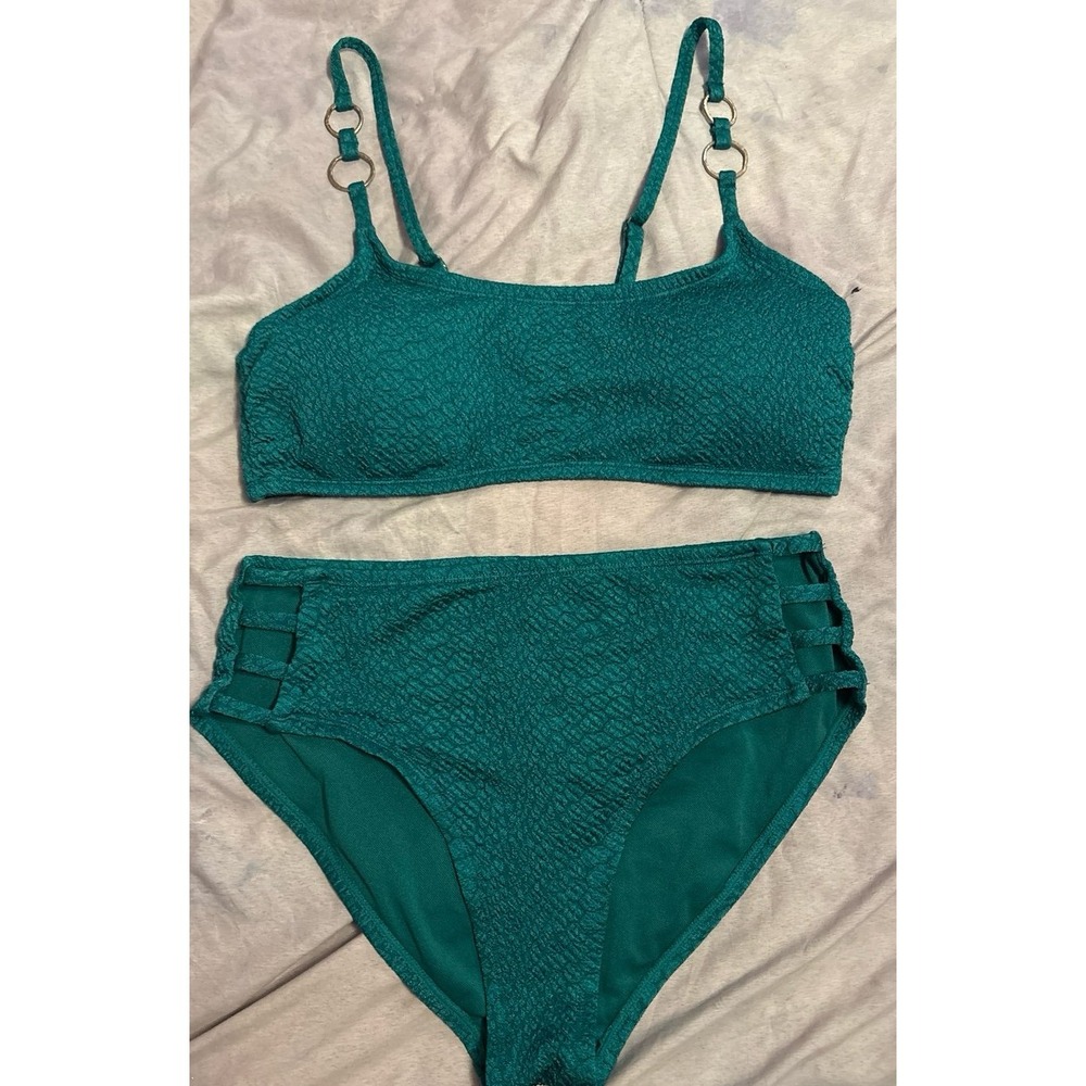 Time & Tru Women's Textured Green High Waisted Bikini,‎ S Top/L Bottom